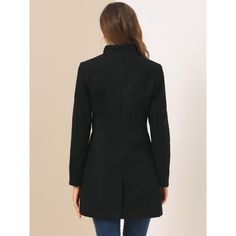 This long overcoat featuring a stand collar and single-breasted design adds a feminine and elegant feel to your winter look. The coat is spun from soft fabric and fully lined, which is comfortable for all-day wear with big slant pockets. A unique stand collar makes this regular outerwear more beautiful. It's a good choice for winter and cold fall. No matter what look you slip it over, this winter coat adds a layer of warmth and finishes the refined, warm, and effortless day-to-night look. Fitted Plain Outerwear For Winter, Fitted Plain Winter Outerwear, Elegant Plain Outerwear For Fall, Elegant Long Sleeve Plain Outerwear, Fitted Outerwear With Stand Collar In Solid Color, Elegant Fitted Plain Outerwear, Winter Wool Coat With Stand Collar, Single Breasted Fitted Pea Coat With Stand Collar, Wool Coat With Button Closure And Stand Collar