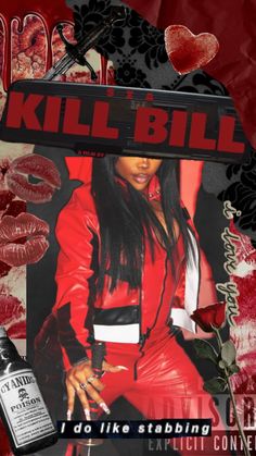 a collage of photos with the words kill bill on it and an image of a woman in red