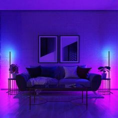 a living room with purple lighting and couches in the middle of the room,