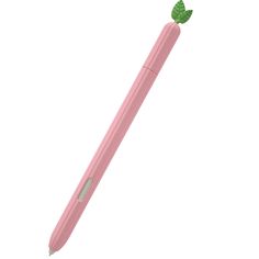 a pink pen with a green leaf sticking out of it