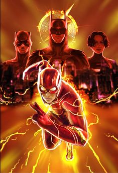 the flash and other superhero characters are depicted in this digital art style photo, with bright yellow lights behind them