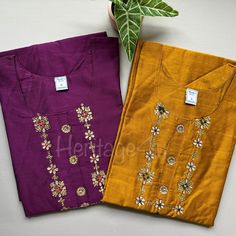 "⬇️⬇️Please Read the Decription Below ⬇️⬇️ Beautiful silk kurtis with gotta Patti , Faux Mirror embroidery , and thread Embroidery done by hand 🙏🏻 Also has Some Zardosi Embroidery along with sequins Detailing and Bead detailing done by hand  🚨it's best fit if sized up due to the cotton liner in the silk kurtis 🚨 This Kurti has round neck, 3/4th sleeves , 40\" in length  Colors  Purple  Mustard  Yellow  Size/ Chest  S     36 M    38 L      40 XL    42 XXL   44 XXXL 46 4XL    48 4XL    50 For example if your chest size is 36 , then you would order 42 (XL). If you have broader shoulders another reason you have to size up or two.  If you have any questions regarding sizing please please reach out to us. 🚨Dupatta , and or pants Arnt included just for styling purposes we have shared a photo Gold Traditional Wear Straight Kurta With Floral Embroidery, Festive Gold Kurta With Floral Embroidery, Purple Kurta With Gota Work For Diwali, Gold Bollywood Kurta With Floral Embroidery, Purple Gota Work Kurta For Diwali, Gold Cotton Straight Kurta, Embroidered Purple Bollywood Kurta, Gold Kurta With Floral Embroidery For Eid, Purple Embroidered Bollywood Kurta