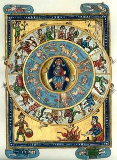 an illuminated astro wheel with people and animals around it, painted in gold and blue