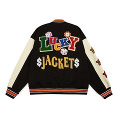 This unisex Poker Lucky baseball jacket is a long-lasting garment suitable for everyday use. It has a relaxed fit with embroidery on the front and back. Luxury College Outerwear With Embroidered Logo, Affordable College Style Varsity Jacket, Cheap Varsity Streetwear T-shirt, Luxury Varsity Jacket With Logo Patch, Cheap Retro Varsity Jacket For Streetwear, Luxury Varsity Jacket With Ribbed Collar For College, Luxury Casual Varsity Jacket With Patchwork, Luxury Collegiate Varsity Jacket For Fall, Cheap Varsity Tops For College