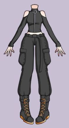 a drawing of a woman in black pants and boots with her hands out to the side