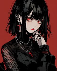 an anime character with red eyes and black hair, holding her hand to her face