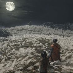 two people in the middle of a snowy field at night with a full moon behind them