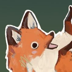 an orange and white fox standing next to each other on top of a green background