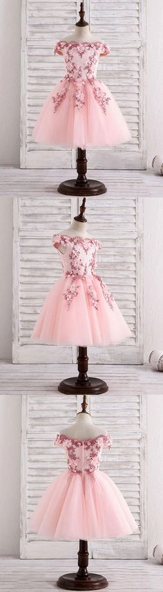 Pink tulle lace applique short flower girl dresses Junior Party Dresses, Prom Dresses 2018, Prom Dresses 2017, Bridal Jacket, Unique Prom Dresses, Wedding Top, Cute Prom Dresses, Pink Tulle, Tulle Lace