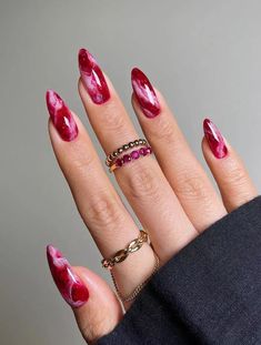 Gorgeous Red Nail Ideas | Fall Winter Nail Ideas | Cherry Red Nail Inspo #rednails #nailinspo Ruby Nails, Sparkle Nails, Marble Nails, Classy Nails, Dope Nails, Nail Arts, Pink And Red, Trendy Nails