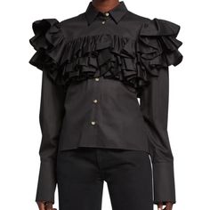 Khaite Virginie Ruffle-Tiered Yoke Shirt Black Cotton Virginie Ruffled Shirt From Khaite Featuring A Pointed Collar, A Front Button Fastening, A Ruffle Trimming, Long Sleeves And Fitted Cuffs. Size: Xs Color: Black Condition: Nwot, Excellent Condition Elegant Ruffled Shirt For Party, Elegant Black Top With Ruffled Collar, Fitted Ruffle Shirt Elegant Style, Formal Black Ruffled Tops, Formal Black Tops With Ruffles, Luxury Ruffles Blouse For Work, Chic Ruffled Shirt For Fall, Luxury Ruffled Blouse For Work, Black Ruffled Tops For Formal Occasions