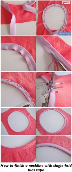 the instructions for making a pink and white dress with ribbon on it's side