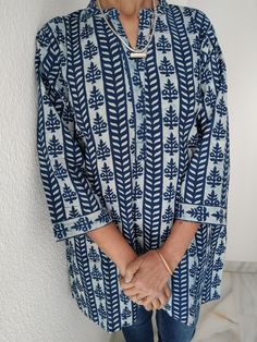 Indigo cotton tunic Blue Cotton Kaftan For Loungewear, Blue Cotton Kaftan For Beach Cover-up, Casual Indigo Kurta For Summer, Blue Cotton Kaftan For Vacation, Blue Cotton Long Sleeve Kaftan, Blue Cotton Kurta With Relaxed Fit, Traditional Blue Cotton Kaftan, Blue Cotton Beach Tunic, Cotton Block Print Tops For Vacation