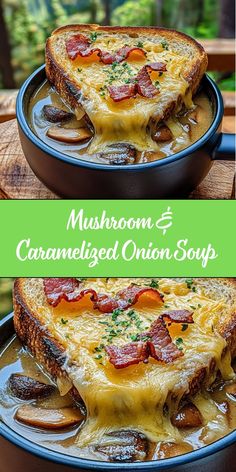 Hearty Meal, Caramelized Onion, Crumbled Bacon, Balanced Meals, Bacon Cheese, Hearty Soups, Onion Soup, Creamed Mushrooms, Crispy Bacon