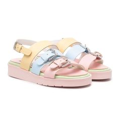 Blush Pink/Light Blue/Yellow Flat Rubber Sole Colour-Block Design Open Toe Triple-Strap Design Buckle-Fastening Ankle Strap Branded Insole Multicolor Synthetic Sandals With Buckle Closure, Playful Multicolor Open Toe Sandals, Playful Flat Sandals For Spring, Playful Spring Sandals, Trendy Yellow Sandals With Buckle Closure, Multicolor Round Toe Sandals With Buckle Closure, Playful Pink Sandals For Summer, Playful Multicolor Flat Sandals, Playful Multicolor Round Toe Sandals