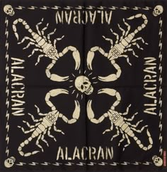 a scarf with scorpions on it and the words, naginan written in white