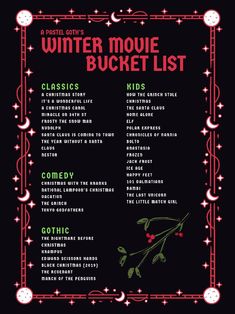 A Pastel Goth's Simple Winter Bucket ListA short list of Christmas and winter movies from someone who was never really into Christmas movies. Goth Bucket List, Winter Movie Marathon, Christmas Movie List 2023, Movies For Winter, Christmas Movies Bucket List, Winter Movie Bucket List, Winter Movie List, Movies To Watch In Winter, Christmas Movies List Kids