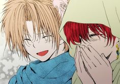 two anime characters one with red hair and the other blonde holding his face to his mouth