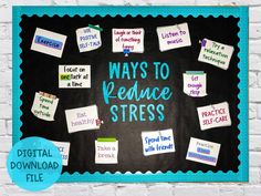 **This is a digital download.  You will not receive any physical materials.  Upon downloading you will receive a link to Google Drive to print your bulletin board** This stress bulletin board is great for a social worker or counselor's office, any classroom, or hallway. It includes 16 tips for reducing stress and comes in 3 different sizes - working wherever you need it to! Easy to reference or refer students to when needed. Use pieces provided or print blank pieces for students to write their o Office Bulletin Board Ideas, School Counseling Office Decor, Counseling Decor, Counselor Bulletin Boards, Office Bulletin Board, School Counseling Bulletin Boards, Counseling Bulletin Boards, Counseling Office Decor