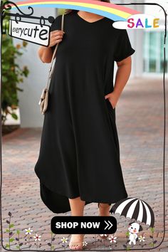 Black Plus Size V Neck Rolled Cuffs Maxi Dress Casual Black Plain Maxi Dress, Black Summer Dress With Curved Hem, Oversized Black Dress For Day Out, Casual Black High-low Hem Maxi Dress, Spring Black Maxi Dress With High-low Hem, Casual Black Maxi Dress With High-low Hem, Casual Dresses With Cuffed Sleeves, Casual Black Midi Dress With Asymmetrical Hem, Black Midi Dress With Asymmetrical Hem, Casual Style