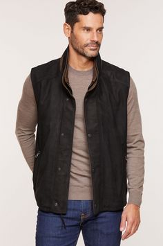 For crisp spring and fall days when you need a lightweight layer of warmth, slip on the handsome Falcon Leather Vest, crafted from buttery soft Italian lambskin with a rich, sueded feel. Its wool lining and full zip front with snap-over placket keep you toasty warm, while two double front pockets (slip over zip) and three interior pockets offer plenty of space for keys, gloves, and cell. With snap tabs at the waist. Mens Lightweight Jacket, Fall Days, Best Seasons, Leather Vest, New Adventures, Light Jacket, Lambskin Leather, Lightweight Jacket, Spring And Fall