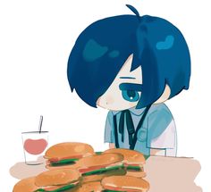 an anime character sitting at a table with hamburgers