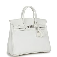 This Birkin is in White epsom with palladium hardware and has tonal stitching, front flap with two straps, front toggle closure, clochette with lock and two keys, and double rolled handles.The interior is lined with White swift and has one zip pocket with an Hermes engraved zipper pull and an open pocket on the opposite side.Collection: P squareOrigin: FranceCondition: Pre-owned; Excellent to Mint - This bag retains its shape. There's partial plastic on the hardware. A few hairline scratches to White Birkin, Birkin Bags, Hermes Birkin 25, Gucci Designer, Hermes Box, Die Young, Birkin 25, Backpack Tote Bag, Hermes Bags