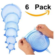 the package includes six plastic lids for each item, and is also available in blue