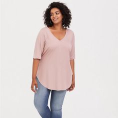 This Classic, V-Neck Blouse Will Keep You Cool With Its Lightweight Fabric, While Also Providing Coverage With A Shirttail Hem. Stretch Challis Fabric V-Neck Elbow Sleeves Shirttail Hem Content + Care Rayon/Spandex Wash Cold; Line Dry Imported Plus Size Tops Bust Waist Low Hip 3x 22 50-52" 44-46" 54-56" 24 52-54" 46-48" 56-58" Feminine V-neck Tops With Relaxed Fit, Feminine Relaxed Fit V-neck Tops, Hanky Hem Top, Hooded Long Sleeve Shirt, Sequin Tunic, Challis Fabric, Chiffon Tunic, Sheer Floral Top, Gray Tunic