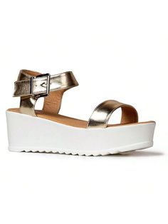 Gold Metallic  Collar   Plain  Embellished   Women Shoes Cheap Platform Slip-on Wedge Sandals, Beach Slip-on Platform Wedge Sandals, Synthetic Slip-on Platform Wedge Sandals, Gold Synthetic Wedge Sandals With 4-inch Heel, Summer Synthetic Wedge Sandals With 4-inch Heel, Summer Festivals, Sandals For Women, Beach Sandals, Summer Festival