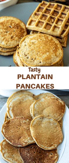 pancakes are stacked on top of each other with the words tasty plantain pancakes above them