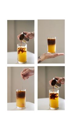 four pictures showing how to make an iced drink with ice cubes and caramel syrup