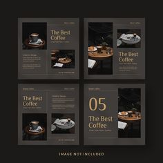 the best coffee facebook cover is shown in four different colors and sizes, along with an image of a cup of coffee on a table