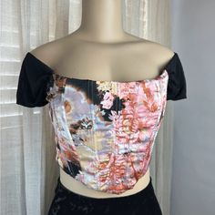 New With Tags - Floral Corset Crop Top Size: M ( 8 ) Color: Black/ Pink/ Multi Print: Floral Fitted Floral Print Crop Top For Party, Fitted Floral Print Crop Top For Night Out, Fitted Black Floral Print Crop Top, Black Floral Print Crop Top For Party, Magenta Top, Floral Corset Top, Peter Pan Collar Shirt, Women Shirt Top, Floral Corset