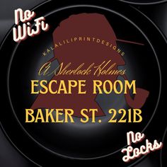 a black plate with the words escape room baker st 22b and an image of a man's head on it