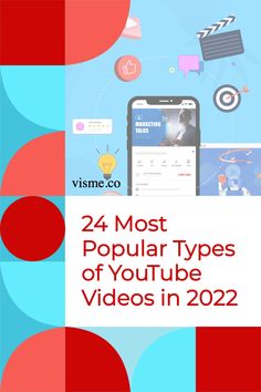 the title for 24 most popular types of youtube videos in 2020, with red and blue circles