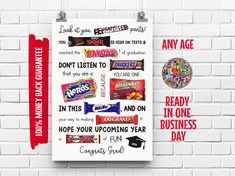 a poster hanging on the wall next to a brick wall with candy bar and graduation cap