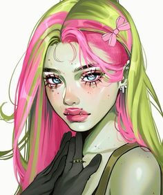 a drawing of a girl with pink hair and green eyes wearing black gloves, holding her hands to her face