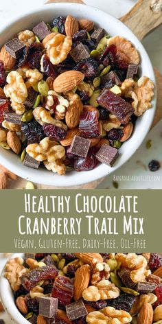 healthy chocolate cranberry trail mix in a white bowl