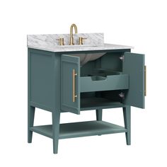 a bathroom vanity with marble top and drawers