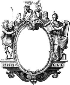 an ornate frame with two men and women on it, vintage line drawing or engraving illustration