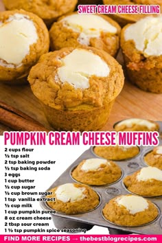 pumpkin cream cheese muffins in a muffin tin with the recipe below it