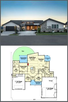 two story house plans with an open floor plan and large front yard area in the middle