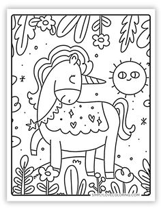 a black and white drawing of a horse with flowers on it's head, surrounded by plants