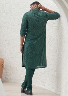 Embroidered kurta set with pants. Festive Kurta With Set-in Sleeves, Unstitched Kurta With Straight Pants For Diwali, Traditional Pant Set With Set-in Sleeves For Eid, Festive Kurta With Dabka And Straight Pants, Festive Dabka Kurta With Straight Pants, Festive Straight Kurta With Dabka Detailing, Traditional Sets With Set-in Sleeves And Straight Pants, Festive Cotton Kurta With Straight Pants, Eid Pant Set With Long Set-in Sleeves