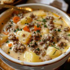 a white bowl filled with meat and cheese soup