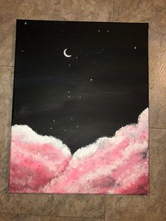 a painting on a tile floor with the moon in the sky above clouds and stars