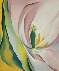 a painting of a pink flower with green and yellow stamens in the center