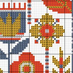 a cross stitch pattern with red and yellow flowers