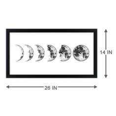 three phases of the moon in black and white with measurements for each one wall hanging